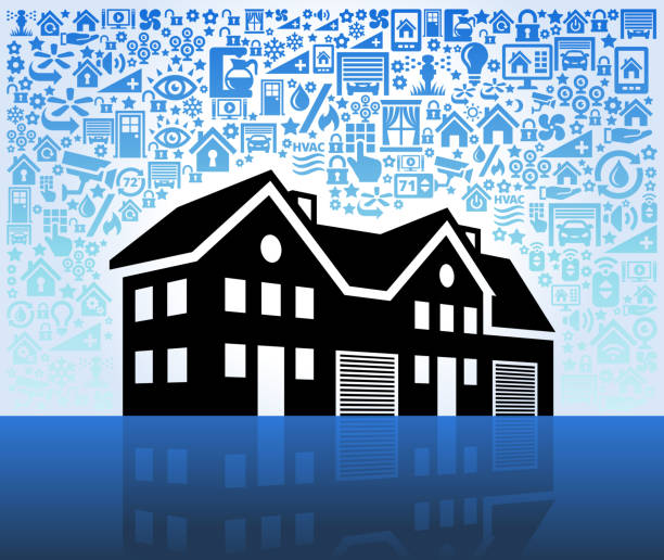 Multi-Family House on Home Automation and Security Vector Background. The pattern features royalty free vector buttons on white background. This vector collage features home automation icons including Computer Monitor, Television Set, Air Conditioner, Ceiling Fan, Coffee Maker, Sprinkler, Automatic, Lawn, Technology, Wireless Technology, Computer, Thermostat, Entertainment Center, Security Camera, Speaker, Fire Alarm, Surveillance, Remote Control and Smart Phone.